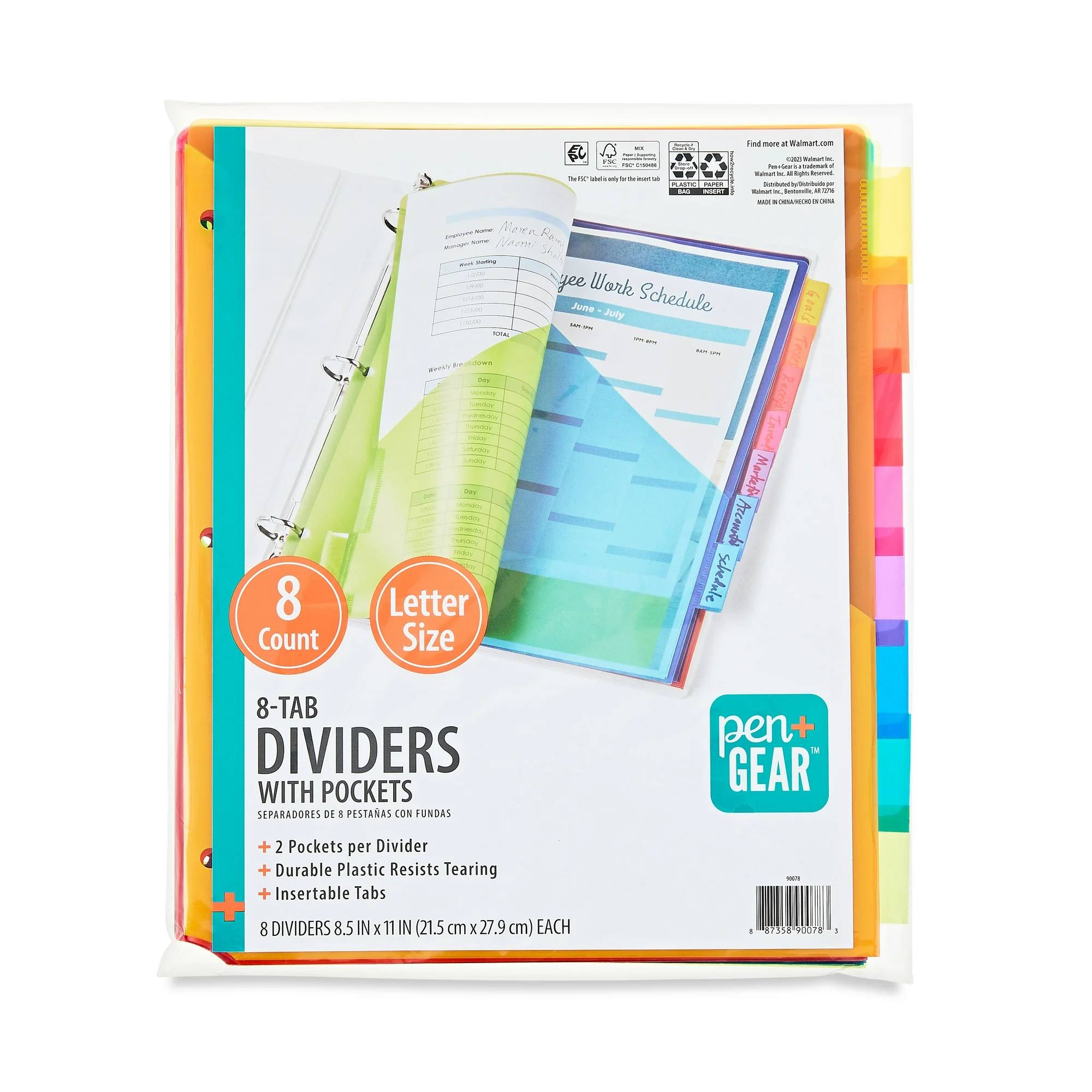 Pen+Gear Vibrant Color 8-Tab Dividers with Pockets, Regular, Model 90078