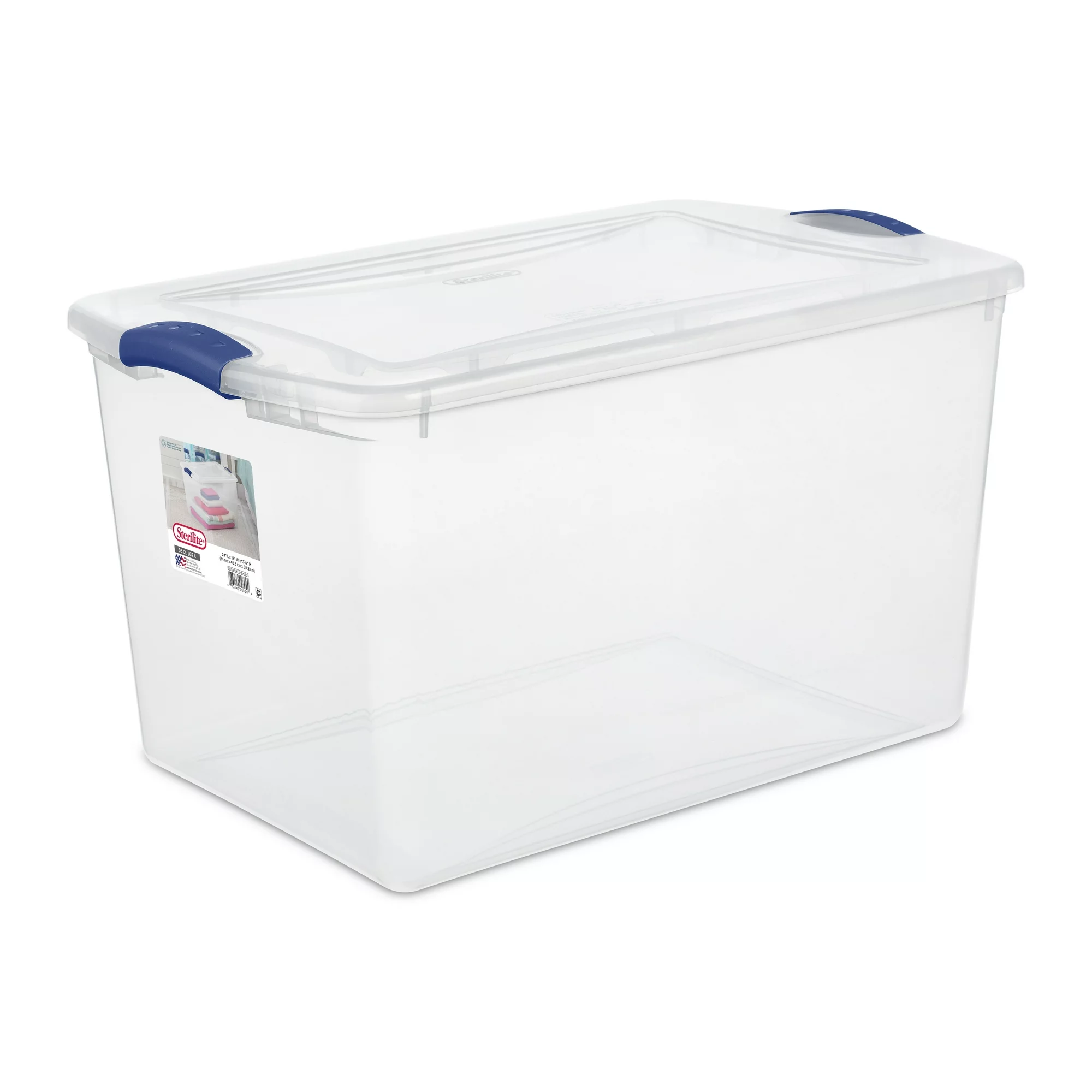 Sterilite 66 Qt. Clear Plastic Latch Box, Blue Latches with Clear Lid